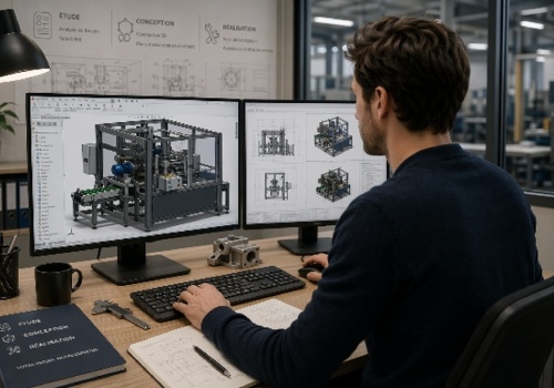 Concepteur CAO en bureau d’études mécanique travaillant sur l’étude d’une machine spéciale